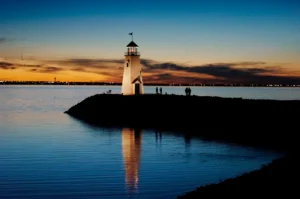 Mansions-Senior-Living Lake Hefner Lighthouse at sunset, near Hefner Mansions in Oklahoma City
